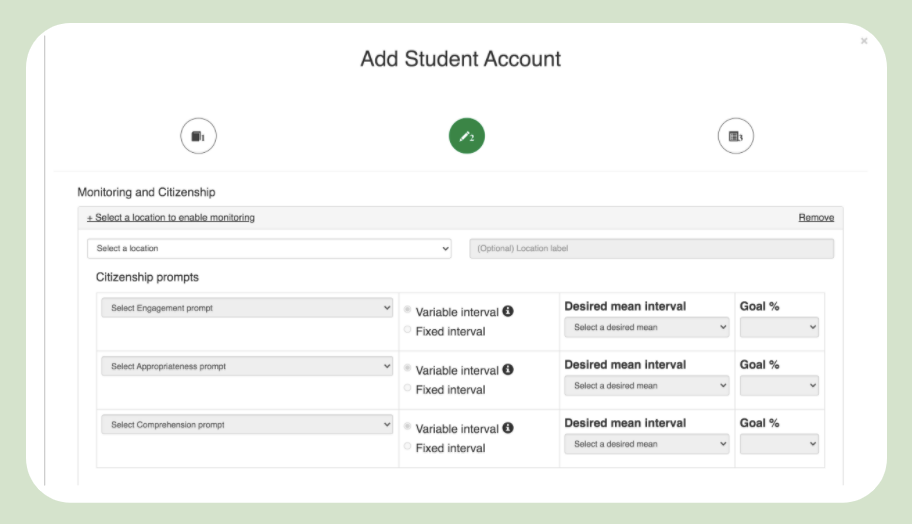 This is an image of the I-Connect Portal, it show step-by-step drop downs for creating a student account