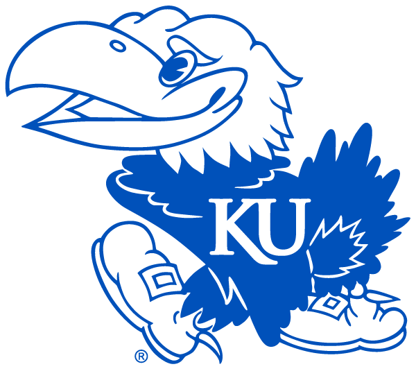 This is a blue and white Image of a jayhawk, the mascot at the University of Kansas. Click it and you will go KU's website.