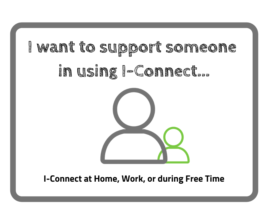 This image reads; "I want to support someone in using I-Connect... I-Connect at Home, Work, or during Free time"